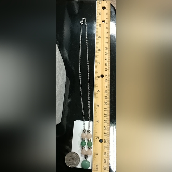 Aventurine Necklace Natural Gemstone Pendant Beads Stainless-Steel Green & Peach - Picture 17 of 17